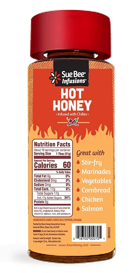 Sue Bee Naturally Infused Hot Honey with Chili Peppers Pure Honey US Grade A Flavored Honey 12 Ounce (Pack of 6)