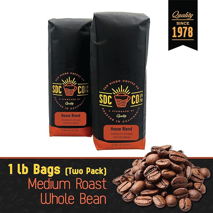 San Diego Coffee Organic House Blend Medium Roast Whole Bean Coffee 16-Ounce Bags (Pack of 2) Café en grano tostado