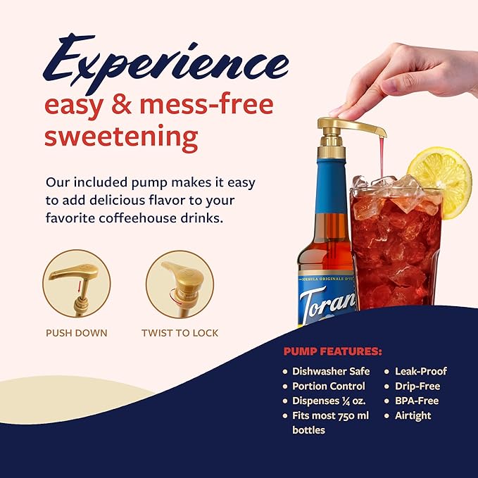 Torani Sugar Free Raspberry Syrup and Sugar Free Peach Syrup Variety 2-Pack Flavored Syrups for Drinks Pumps Included 25.4 Fl Oz Ea
