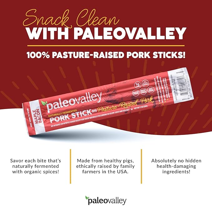 Paleovalley Pasture-Raised Pork Sticks - Maple Bacon Flavor Meat Sticks Individually Wrapped 28g - 10 Sticks - Gluten-Free Protein Snack