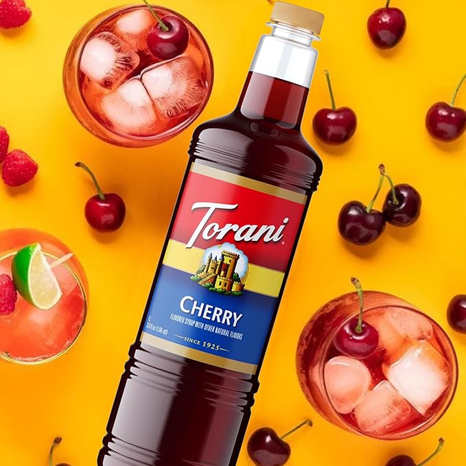 Torani Cherry Coffee Syrup 1 Liter Bottle with Pump Dispenser – Flavored Syrup for Lattes Teas Cocktails Lemonades &amp Desserts – Premium Coffeehouse Quality Drink Syrup