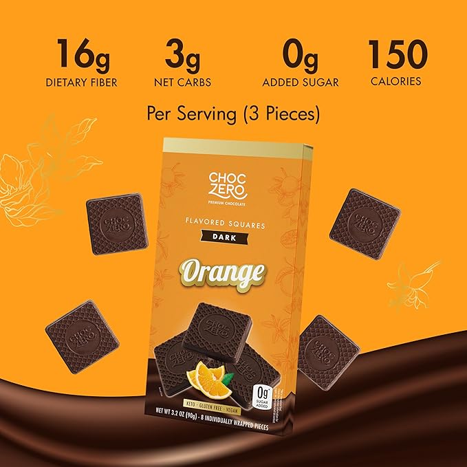 ChocZero Dark Chocolate Orange Squares Sugar Free Vegan Low Carb High Fiber Keto Friendly No Sugar Alcohols (4 Count 3.2oz Boxes)