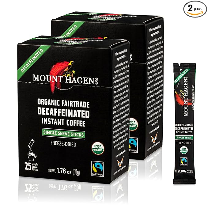 Mount Hagen 25 Count Single Serve Instant Decaf Coffee Packets - 2 Pack | Decaffeinated Organic Medium Roast Arabica Beans | Eco-friendly Fair-Trade [2 x 25 sticks/1.76oz/50g]