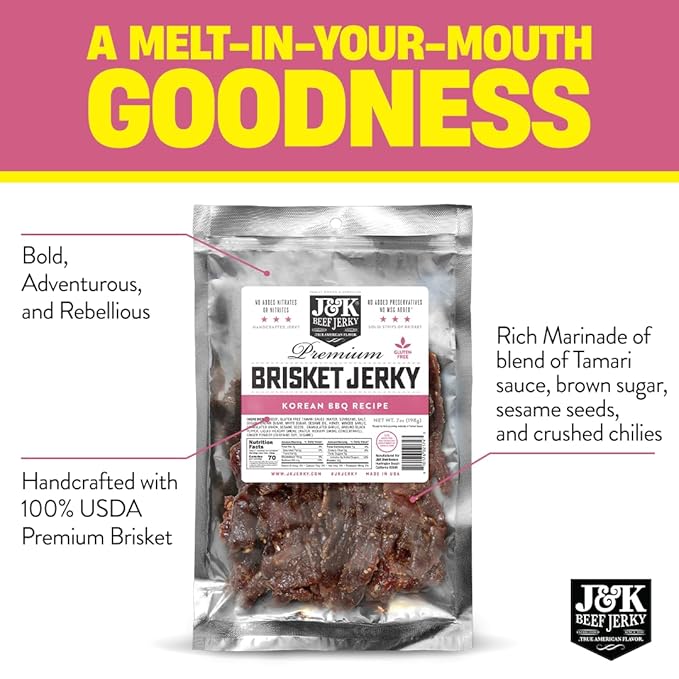 J&ampK Beef Brisket Jerky - Korean BBQ - Hand Crafted Small Batch American Made Slab Jerky - Bold &amp Flavorful Snack! - 7oz Big Bag