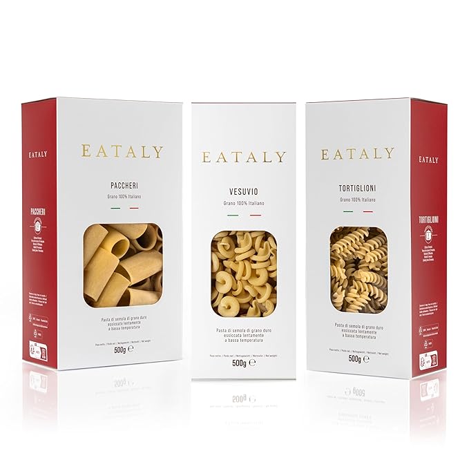 Eataly Bronze Die Trio Pasta Bundle Pack- Tortiglioni Vesuvio &amp Paccheri 3-500g (17 oz.) Boxes- 1 Each