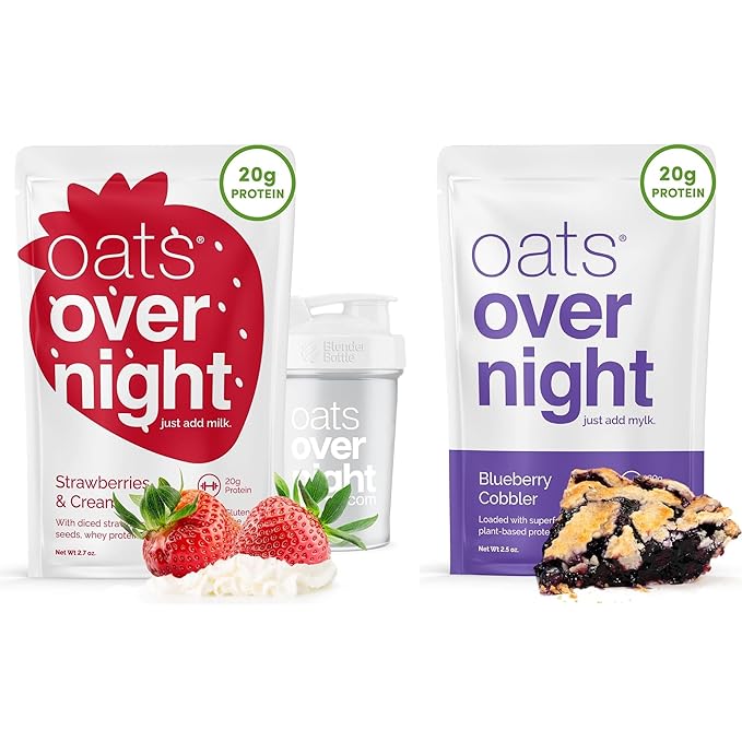Oats Overnight Strawberries &amp Cream 8 Pack + BlenderBottle &amp Blueberry Cobbler 8 Pack - 20g Protein High Fiber Breakfast Shake - Gluten Free Non GMO Oatmeal