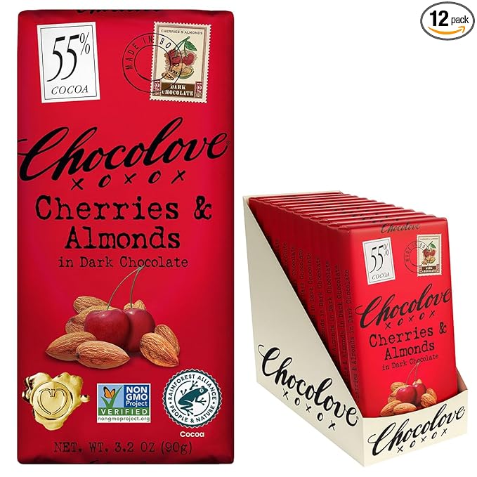 Chocolove Cherry &amp Almonds Dark Chocolate Bars | 55% Cocoa | Infused with Real Cherries &amp Crunchy Almonds | Crafted with Premium Chocolate | 3.2 oz Bar (12 Pack)