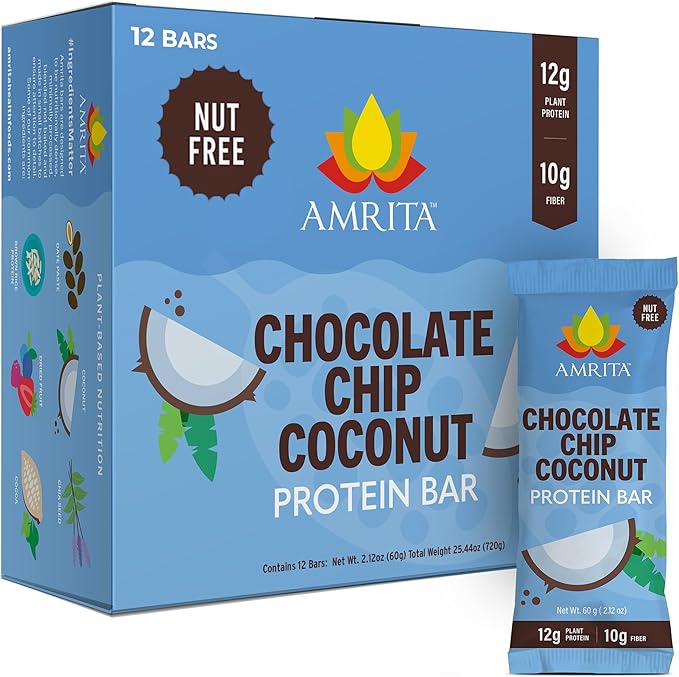 Amrita Nut Free Chocolate Chip Coconut Vegan Protein Bars (12 Count) | 12g Plant-Based Protein Bar | Peanut Free Gluten Free and Dairy Free | Low Sugar High Fiber Healthy School-Safe Snacks