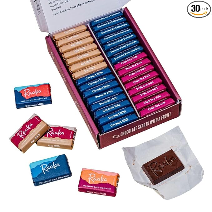Raaka Dark Chocolate Gift Box | Mini Dark Chocolate Variety Pack | Organic Vegan Gluten Free | Box of 30 Individually Wrapped Chocolates