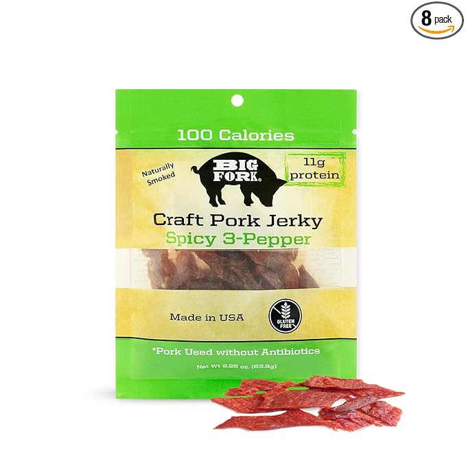Big Fork Craft Pork Jerky – Spicy 3-Pepper Flavor | Bacon-Inspired Small-Batch Jerky Made from 100% Berkshire Pork | Keto Paleo Gluten-Free High-Protein Snack | 8 Bags (2.25 oz Each)