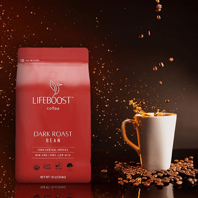 Lifeboost Dark Organic Coffee Beans - Single Origin Non-GMO Dark Roast Low Acid Coffee Beans - Third Party Tested For Mycotoxins &amp Pesticides - Whole Bean - 12 Ounces