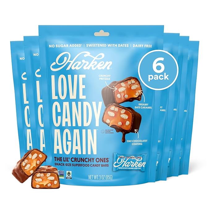 Harken Sweets The Lil’ Crunchy Pretzely One Mini Candy Bars: High Fiber Vegan Chocolate Pretzel Snack with Date Caramel – Plant-Based Gut-Friendly No Added Sugar 6-Pack (30 Bars)