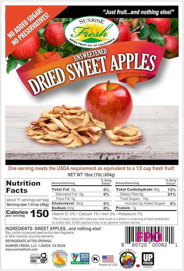 Sunrise Fresh No Sugar Added Dried Sweet Apples: Gluten-Free Low-Calorie No Preservatives Unsulfured -1 lb Resealable Bag of Dehydrated Apple Slices - Delicious Dried Fruit for Healthy Snacking