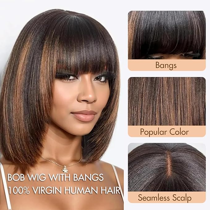 Bob Wig with Bangs Human Hair Glueless HD Lace Straight Short Bob Wig with Brown Highlights Ready to Go Short Wigs For Women （10 Inch bob wig）