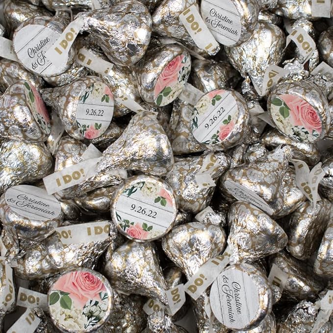 90 Pcs Personalized Wedding Candy Favors Kisses with DIY Stickers Bulk Chocolate - Pink Floral