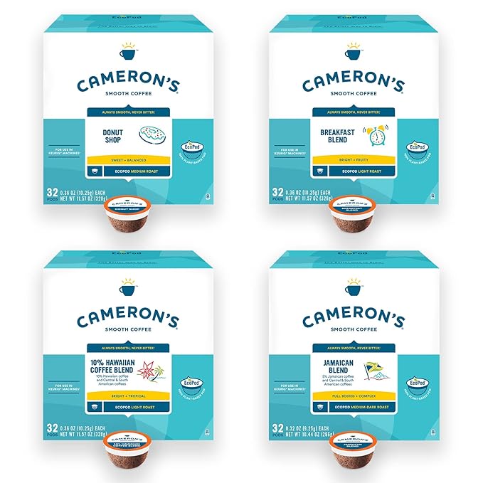 Cameron's Coffee Single Serve Pods Variety Pack of Donut Shop Breakfast Blend 10% Hawaiian Blend Jamaican Blend 128 Count
