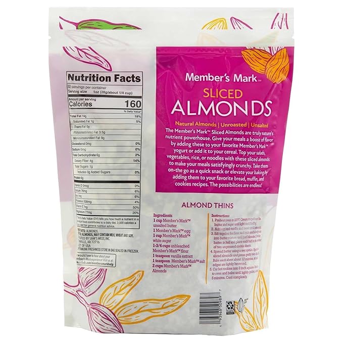 Member Mark Natural Sliced California Almonds 32 oz | Fresh Raw Unsalted Almond Slices | Gluten-Free Non-GMO Great for Baking Salads &amp Snacking.