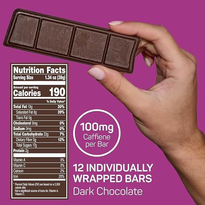 Awake Caffeinated Chocolate Bars - Dark Chocolate 12 Bars - 100mg Caffeine - 1 Bar Equals 1 Cup of Coffee - Individually Wrapped Energy - Fairtrade Gluten Free Non GMO Kosher - 1.34oz