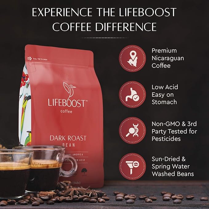 Lifeboost Dark Organic Coffee Beans - Single Origin Non-GMO Dark Roast Low Acid Coffee Beans - Third Party Tested For Mycotoxins &amp Pesticides - Whole Bean - 12 Ounces