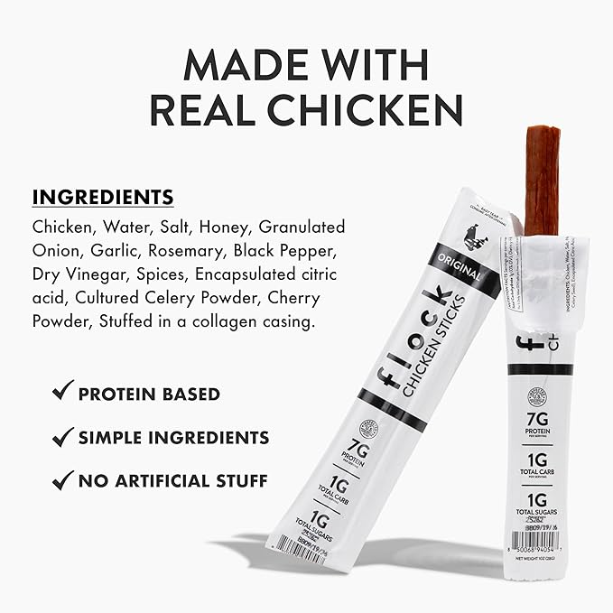 Flock Chicken Meat Sticks 10 Count | GLP-1 Friendly High Protein Chicken Sticks 7g Protein | Healthy Meat Snacks Keto | Protein Meat Sticks Low Carb | Gluten Free Healthy Protein Snack