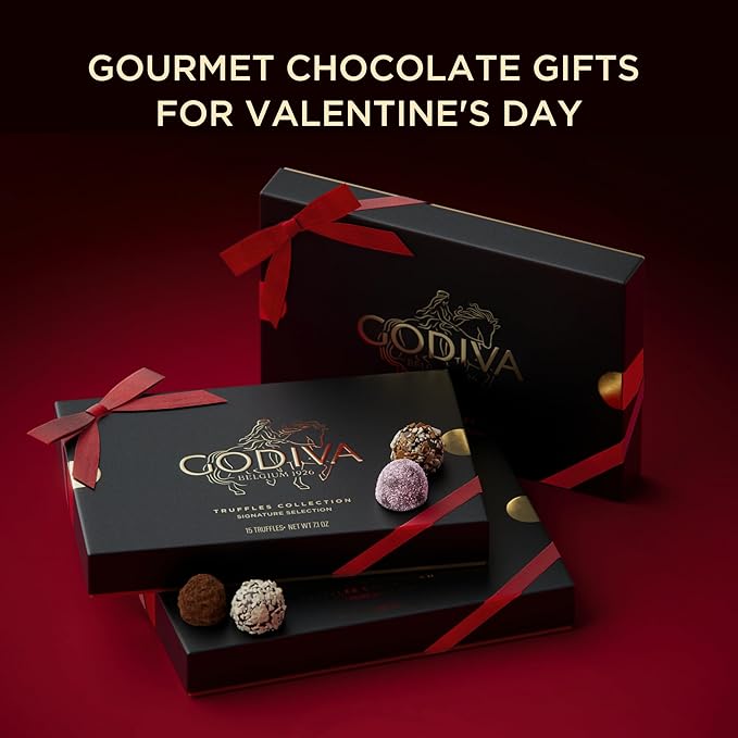 Godiva Red Ribbon Signature Truffle Gift Box Belgian Dark and Milk Chocolates with Ganache Centers Gourmet Valentine's Day Gift Kosher 15 Pc