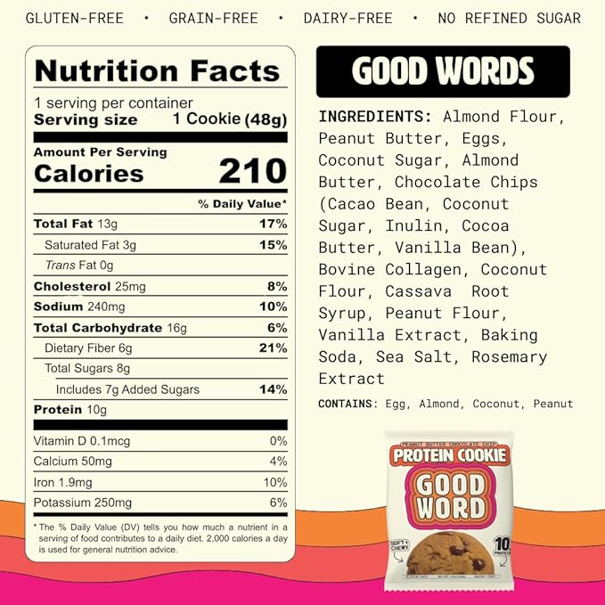 Peanut Butter Protein Cookie Soft &amp Chewy High Protein Snack Gluten-Free Grain-Free Dairy-Free No Seed Oils No Refined Sugars Made with Almond Butter &amp Collagen 12-Pack