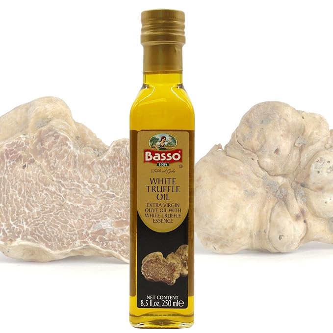 BASSO 1904 Black &amp White Truffle Oil Set – 2 Bottles x 8.5 fl oz (250ml) – High-Concentration Italian Extra Virgin Olive Oil with Real Black Winter &amp White Alba Truffles – Gourmet Finishing Oi