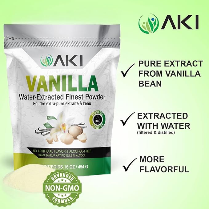 AKI Vanilla Extract Powder from Authentic Beans for Delicious Flavoring Cooking Baking Drinks Tea Coffee Smoothies Cocktails - Sugar-Free &amp Alcohol-Free (454g/1lb)