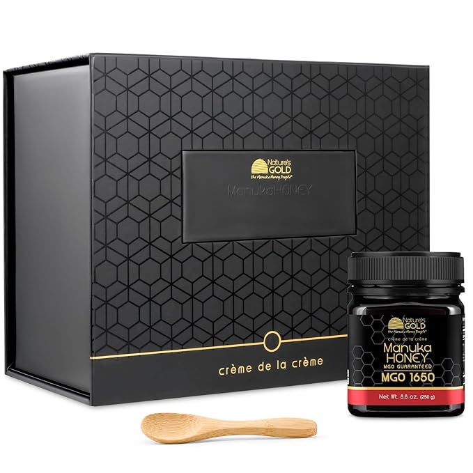 Nature’s Gold Manuka Honey MGO 1650+ Gift Set with Wooden Spoon | 8.8oz (250g) 100% Pure Genuine Traceable Hive to Home