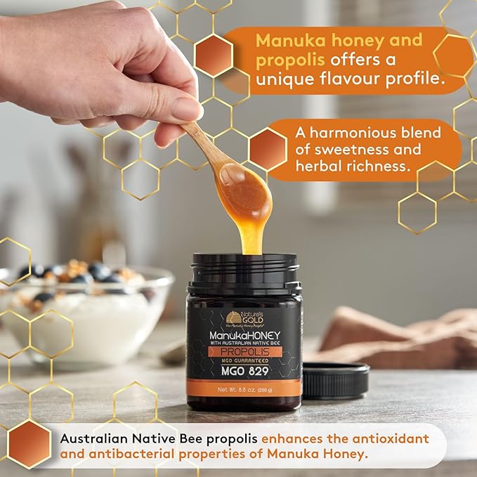 Nature’s Gold Raw Manuka Honey with Australian Native Bee Propolis MGO 829+ | 100% Pure Genuine Traceable Hive to Home