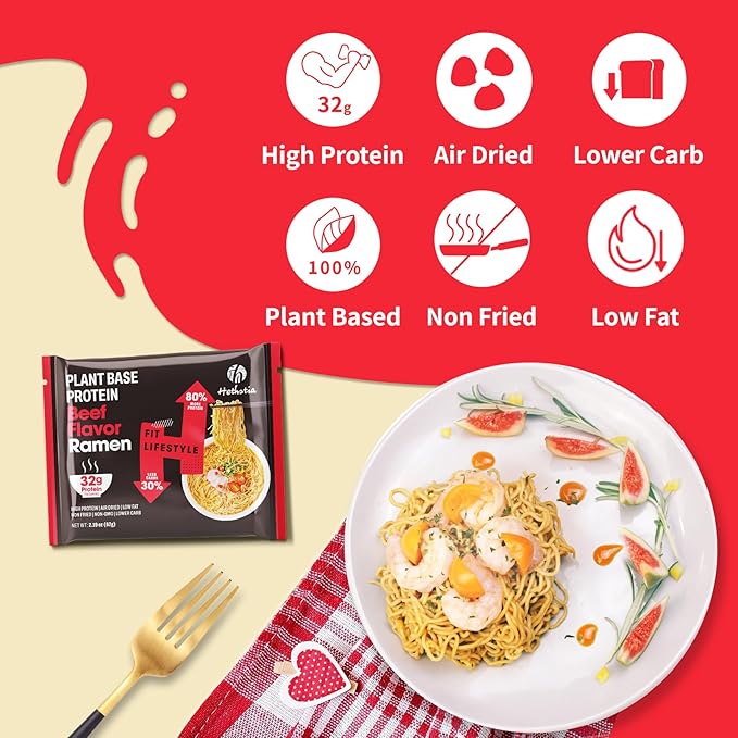 Hethstia Protein Ramen Spicy Beef Flavor 6-Pack High-Protein Instant Noodle Meal Plant-Based 32g Protein Vegan Non-GMO Low Fat Air-Dried Non-Fried Healthy Spicy Ramen Soup