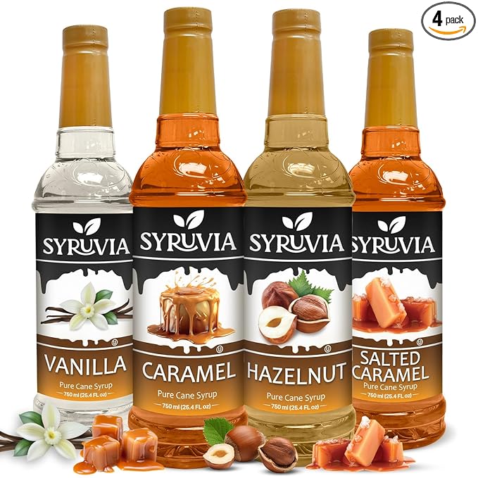 Syruvia Coffee Syrup Variety Pack Vanilla Caramel Hazelnut &amp Salted Caramel Kosher 25.4 fl oz bottles - Elevate Your Coffee Experience!