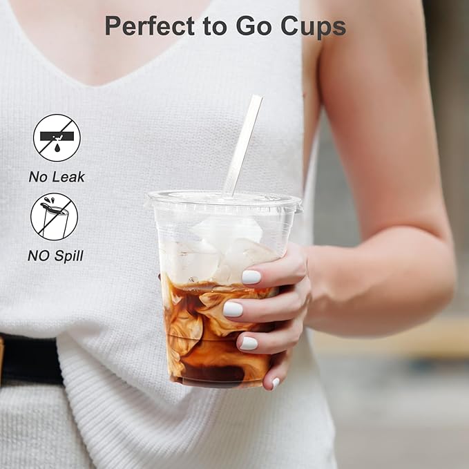 100 Pack - 16 oz Clear Plastic Cups with Lids and Straws Sturdy &amp Food Safe Iced Coffee Cups with lids Disposable Plastic Smoothie Cups for Cold Drinks