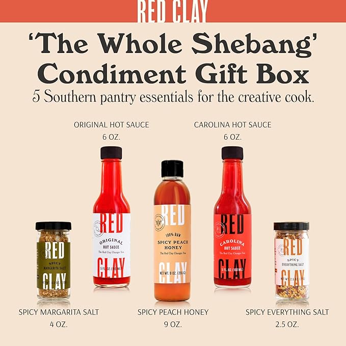 Red Clay Hot Sauce &amp Hot Honey Whole Shebang Variety Pack (Original Carolina Hot Verde Hot Honey and Southern Honey) Cold-Pressed Fermented and Barrel-Aged Hot Sauces 100% Raw Honey 5 Coun