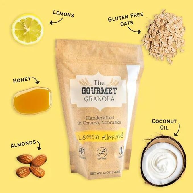 Refreshing Lemon Almond Granola | 3-Pack 12 oz. Bags | Savory or Sweet | Dairy Gluten Soy-Free | The Gourmet Granola