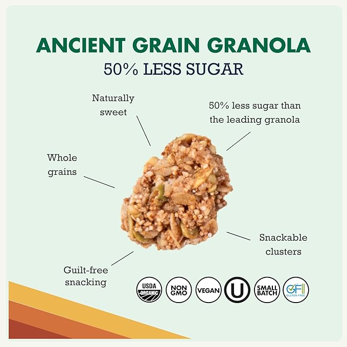 Grandy Organics Ancient Grain Granola - 6g Protein Snackable Granola Clusters - Whole Grain Low Sugar Gluten Free Non-GMO Certified Organic Healthy Snacks - Pack of 6