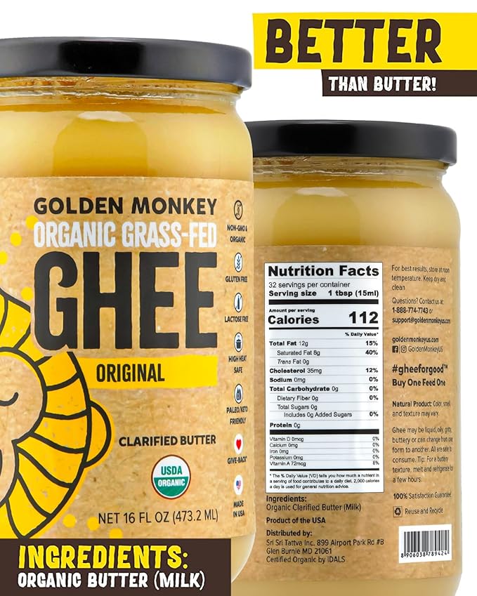GOLDEN MONKEY Organic Ghee Butter – Grass Fed Clarified Butter for Cooking Baking Keto &amp Gut Health – Ghee Butter Organic Grass Fed from Small Farms – Smooth Spread with High Smoke Point (16oz)