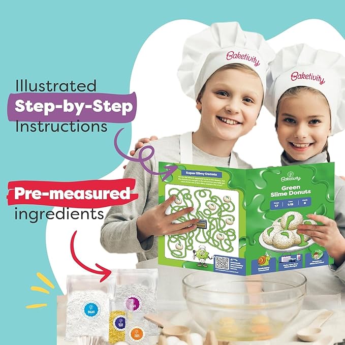 Baketivity Green Donut Kids Baking Kit | Edible Kit for Girls &amp Boys Ages 6-12 | Baking Set with Pre-Measured Ingredients &amp Donut Mold