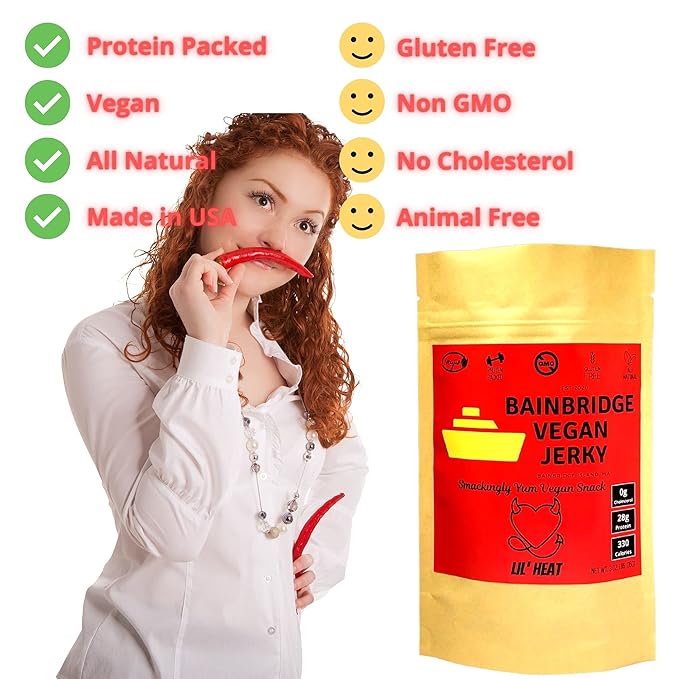 Bainbridge Vegan Jerky – Lil' Heat 28 Grams of Vegan Protein All Natural Non-GMO Gluten Free Vegan Snacks/Vegetarian Jerky 3 oz (Pack of 3)