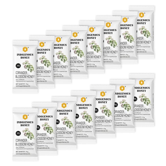 INDIGENOUS HONEY Organic Coriander Honey Natural Raw Pure Unprocessed Added Sugar Free NMR Tested Unpasteurized Unheated 15 Gift Sachets 15g Each Total 225g