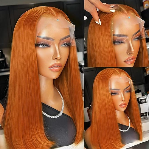250% Density Ginger Bob Wig Human Hair Real 13x4 Frontal Orange Ginger HD Lace Short Straight Bob Wigs Pre Plucked with Baby Hair Straight Short Wigs For Women 10 Inch