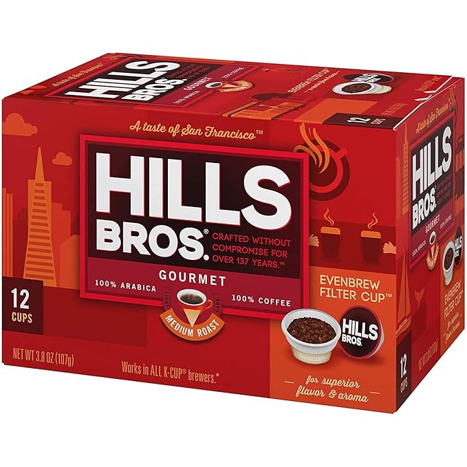Hills Bros Single Serve Coffee PodsGourmet Medium Roast 12 Count-Keurig Compatible Roasted Arabica Coffee Smooth Balanced Coffee Subtle Chocolate Flavor