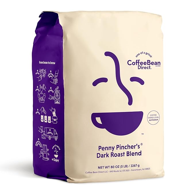 Coffee Bean Direct Penny Pincher's® Dark Roast Blend Ground Coffee Perfect for Drip Coffee Makers Dark Roast 5 Pound Bag (Pack of 1)