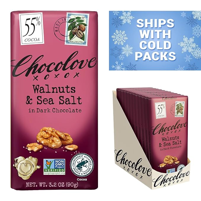 Chocolove Walnuts &amp Sea Salt Dark Chocolate Bars | 55% Cocoa | Crunchy Walnuts with a Salty Twist | Premium Dark Chocolate | Non-GMO Gluten-Free 3.2 oz Bar (12 Pack)