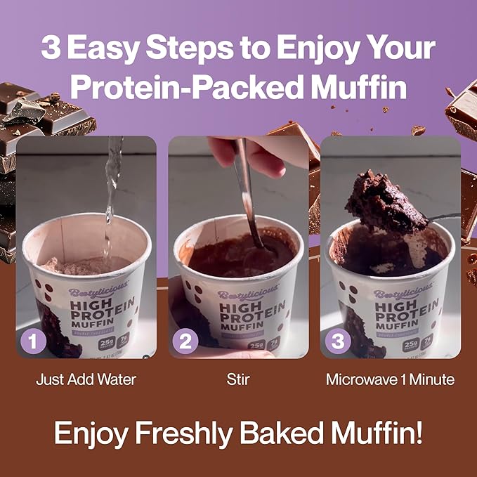 Bootylicious | 25g Protein Muffin | Double Chocolate | Low Carb 16g-18g Fiber Low Glycimic Index Low Sugar 2.75oz Cup 12-Pack