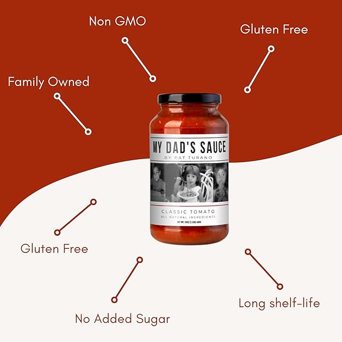 My Dad's Sauce - Authentic Homemade Italian Recipe with Fresh Ingredients | Non GMO No Artificial Flavors or Preservatives | Vegan &amp Gluten-Free | No Added Sugar | Created by Pat Turano Renowned