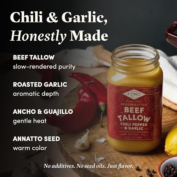 FOND Regenerative Grass-Fed Beef Tallow for Cooking – High Smoke Point Grass Fed Beef Tallow for Frying Sautéing &amp Roasting – Sustainably Sourced Seed Oil Free – Chili and Garlic 14oz (4-Pack)