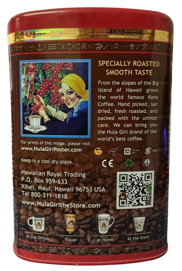HULA GIRL 100% KONA Roasted Arabica Ground Coffee Medium Roast Net Wt. 10.5 Ounce (0.66Lb) 300 Grams Collector Tin
