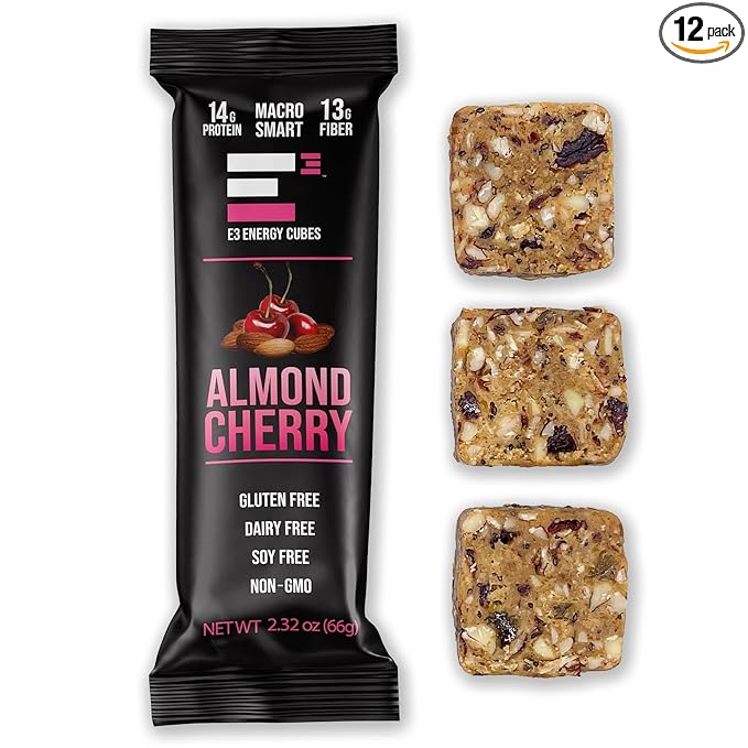 E3 Energy Cubes- Almond Cherry Refrigerated Protein Bars - (66g) 14g Protein | 13g Fiber | Gluten Free Dairy Free Soy Free Non-GMO No Artificial Ingredients Macro Smart Prebiotic Fiber Rich | Ma