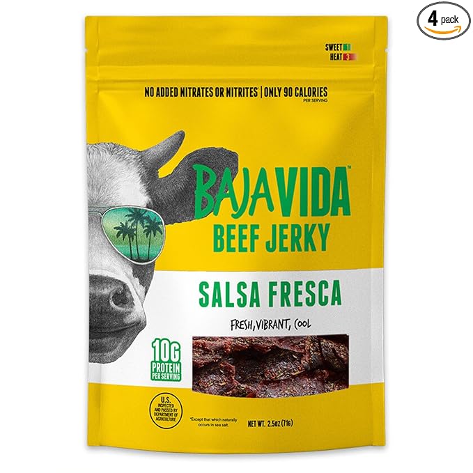 Baja Beef Jerky - 100% All Natural Beef Jerky Keto Jerky Gluten Free Low Calorie Craft Jerky 10g Protein per Serving No Nitrates or Added Hormones - Salsa Fresca 2.5 oz Bag (Pack of 4)
